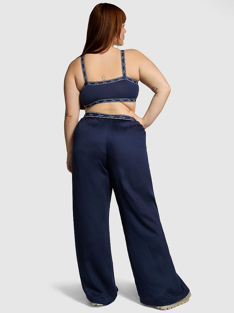 PINK TENCEL™ Wide-Leg Pajama Pants, Midnight Navy, onModelBack, 4 of 4 Lulu is 5'7" or 170cm and wears Large