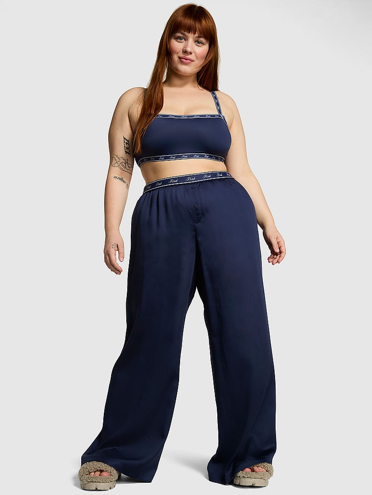 PINK TENCEL™ Wide-Leg Pajama Pants, Midnight Navy, onModelFront, 3 of 4 Lulu is 5'7" or 170cm and wears Large