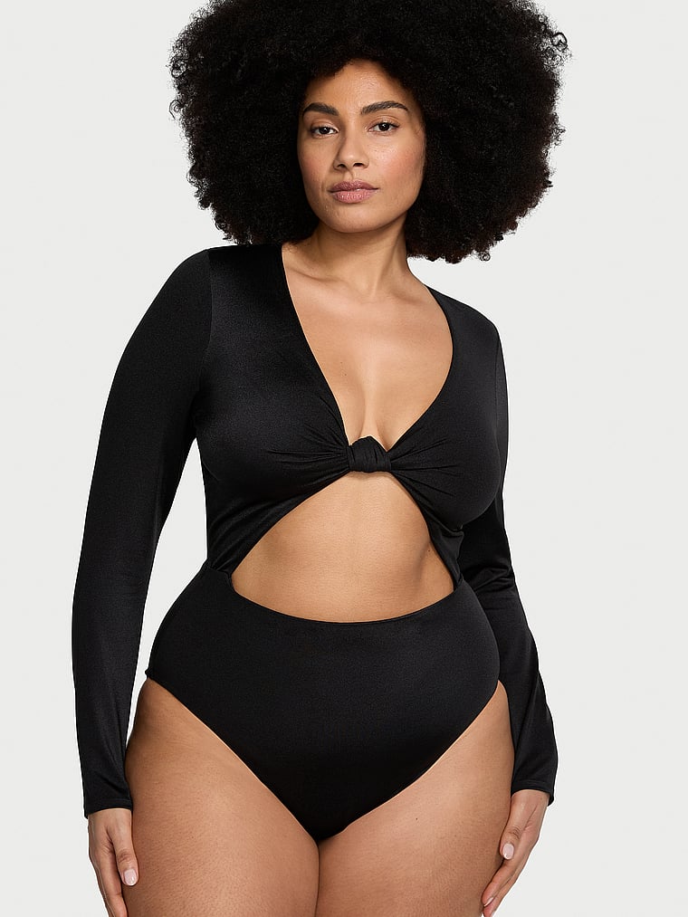 Knotted Long-Sleeve One-Piece Swimsuit