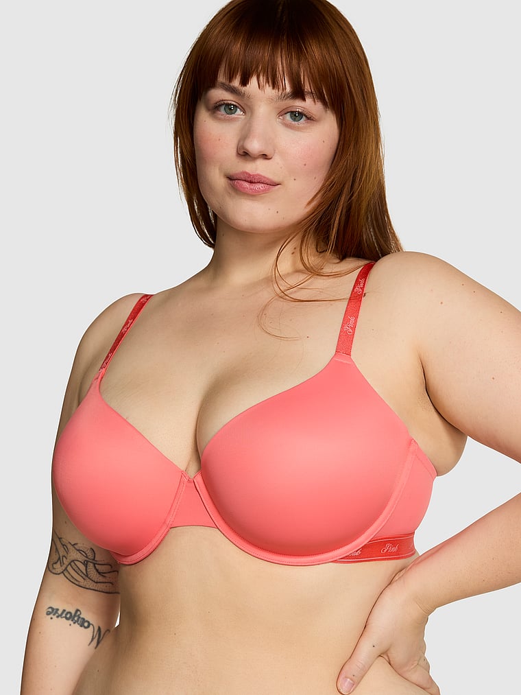 PINK Wear Everywhere Wear Everywhere Lightly Lined T-Shirt Bra, Crazy For Coral, onModelFront, 3 of 4 Lulu is 5'7" and wears 38DDD (F) or Large