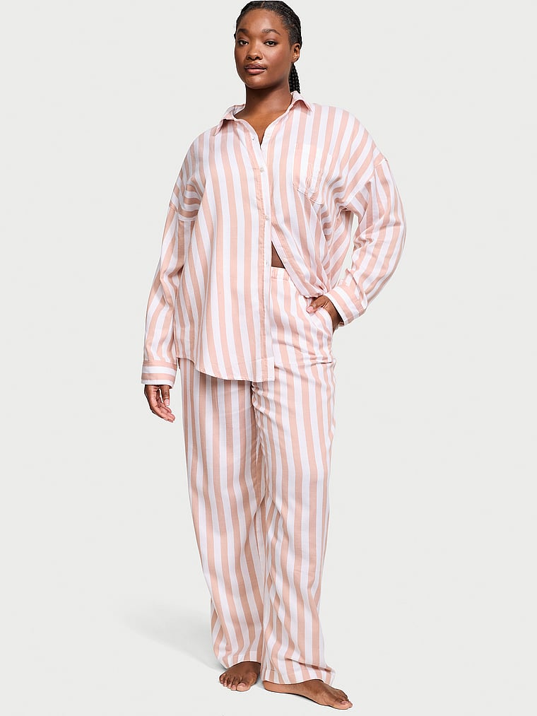 Victoria's Secret, Victoria's Secret Modal-Cotton Long Pajama Set, Toasted Sugar Stripes, onModelFront, 1 of 4