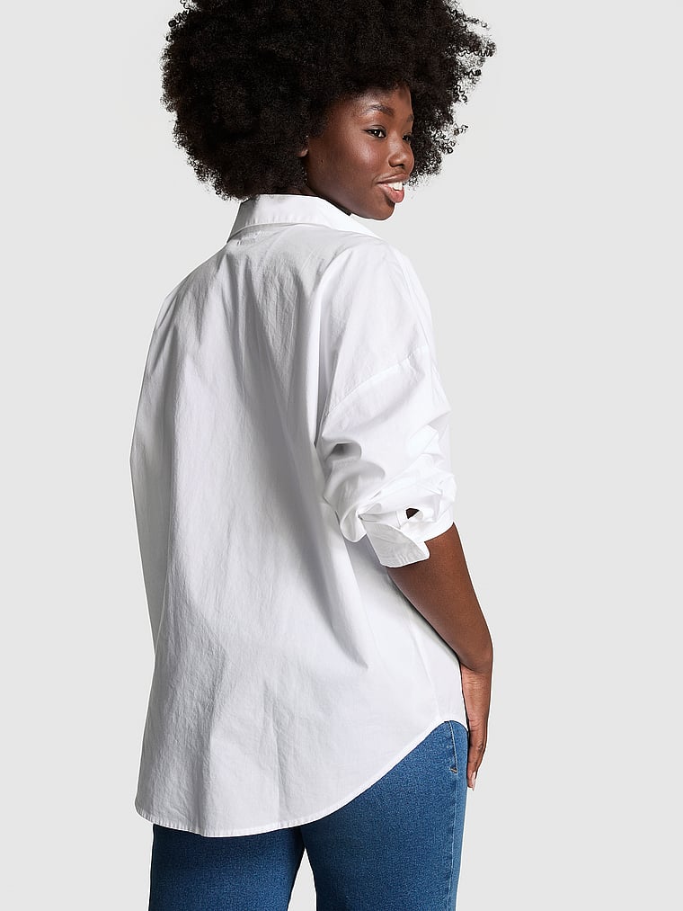 PINK Cotton Poplin Oversized Button-Down Sleepshirt, Optic White, onModelBack, 5 of 5
