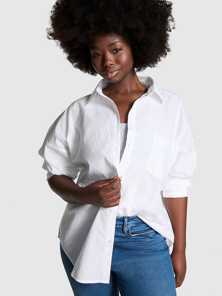 PINK Cotton Poplin Oversized Button-Down Sleepshirt, Optic White, onModelFront, 4 of 5