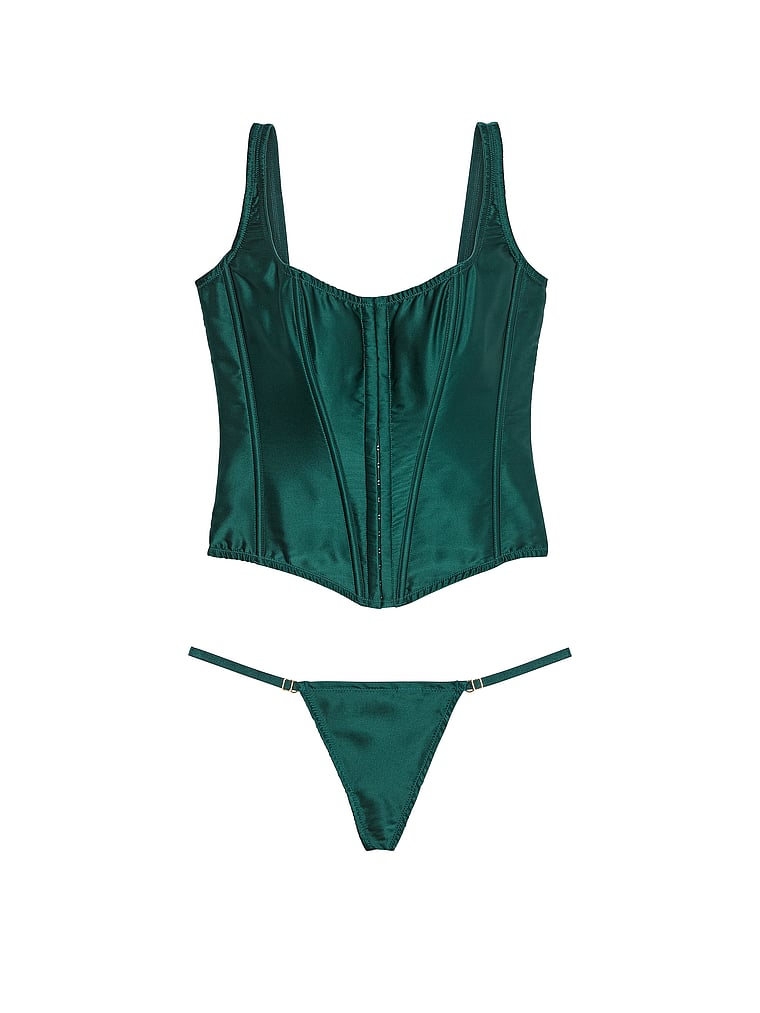 Victoria's Secret, Very Sexy new The Classic Silk Corset Set, Mystique Green, offModelFront, 3 of 3