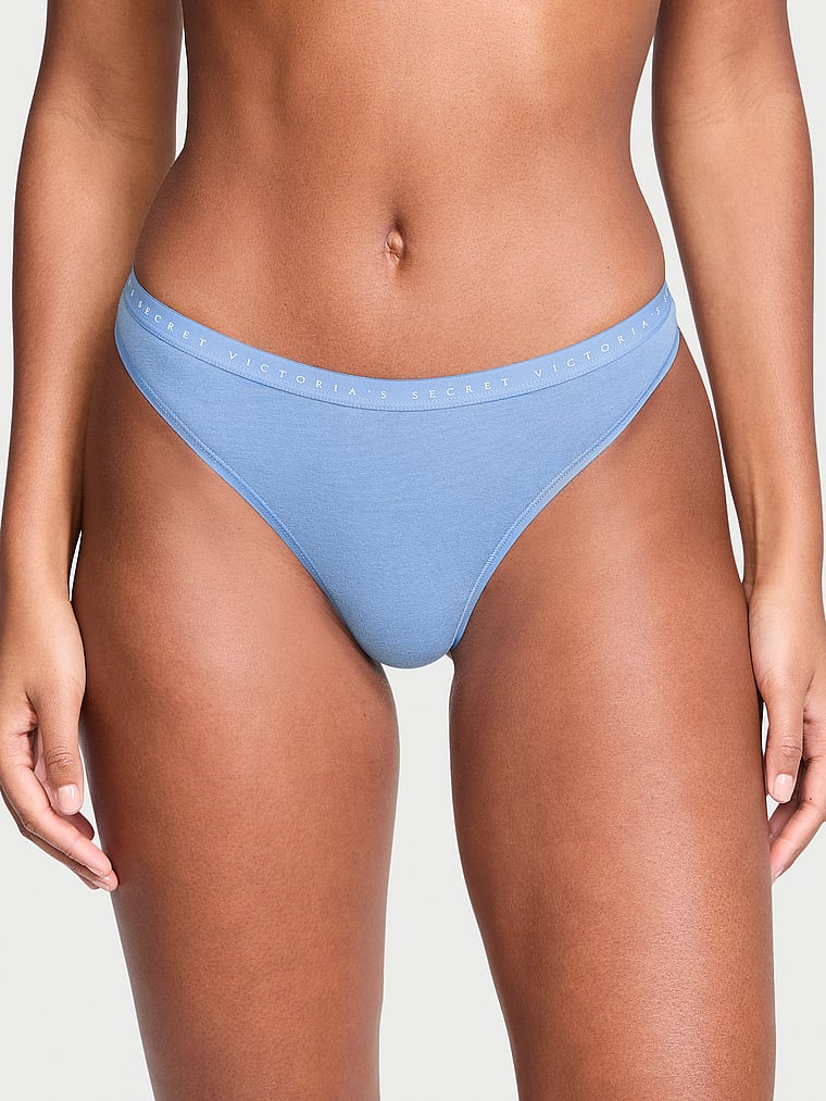 Victoria's Secret, Victoria's Secret Stretch Cotton Thong Panty, Blue Bonnet, onModelFront, 1 of 3 Ange-Marie is 5'10" and wears Small