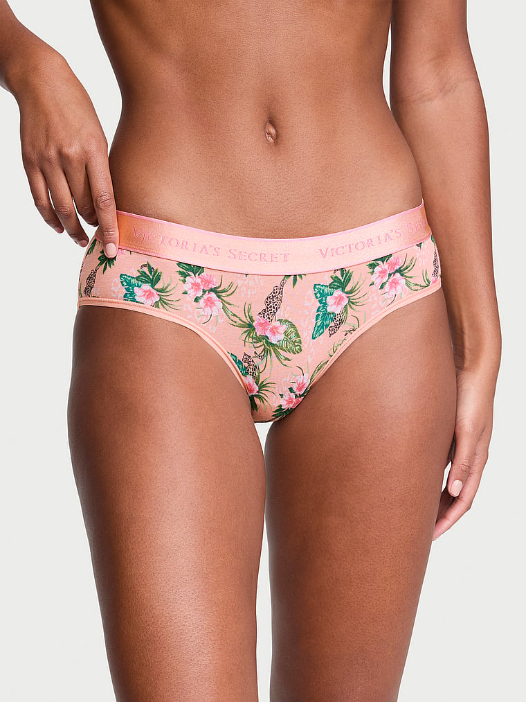 Victoria's Secret, Cotton new Logo Cotton Hiphugger Panty, Punchy Peach Tropical Leopards, onModelFront, 1 of 3 Ange-Marie is 5'10" and wears Small