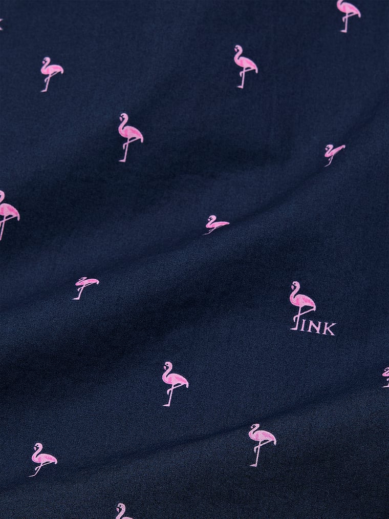PINK Cotton Poplin Oversized Button-Down Sleepshirt, Midnight Navy Flamingo, detail, 5 of 5