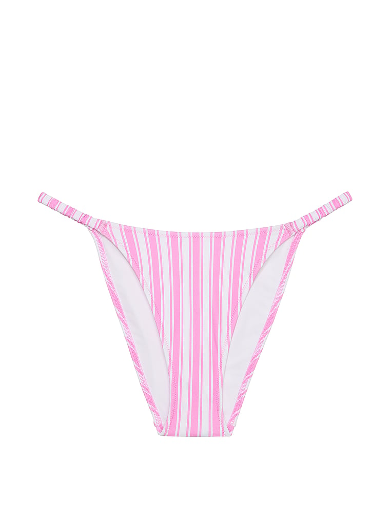 PINK Scrunchie String Bikini Bottom, Pink Stripe, offModelFront, 3 of 4
