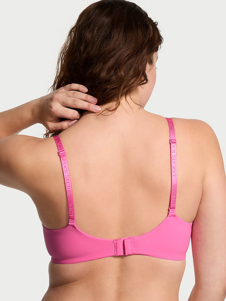Victoria's Secret, The T-shirt Lightly Lined Full-Coverage Micro-Rib Bra, Hollywood Pink, onModelBack, 2 of 4 Abbey is 5'10" and wears 34DD (E) or Medium