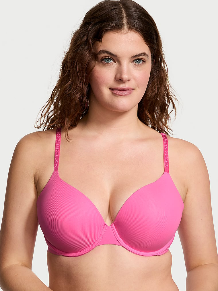 Victoria's Secret, The T-shirt Lightly Lined Full-Coverage Micro-Rib Bra, Hollywood Pink, onModelFront, 1 of 4 Abbey is 5'10" and wears 34DD (E) or Medium
