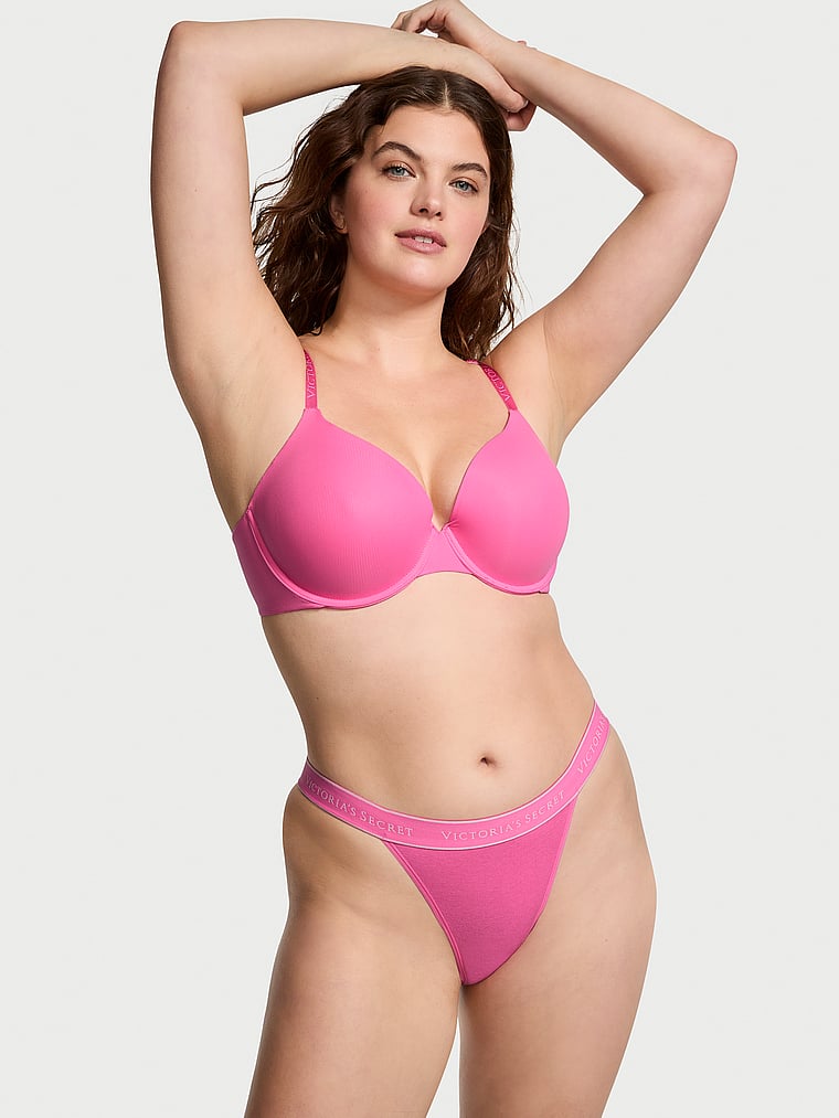 Victoria's Secret, The T-shirt Lightly Lined Full-Coverage Micro-Rib Bra, Hollywood Pink, onModelSide, 3 of 4 Abbey is 5'10" and wears 34DD (E) or Medium