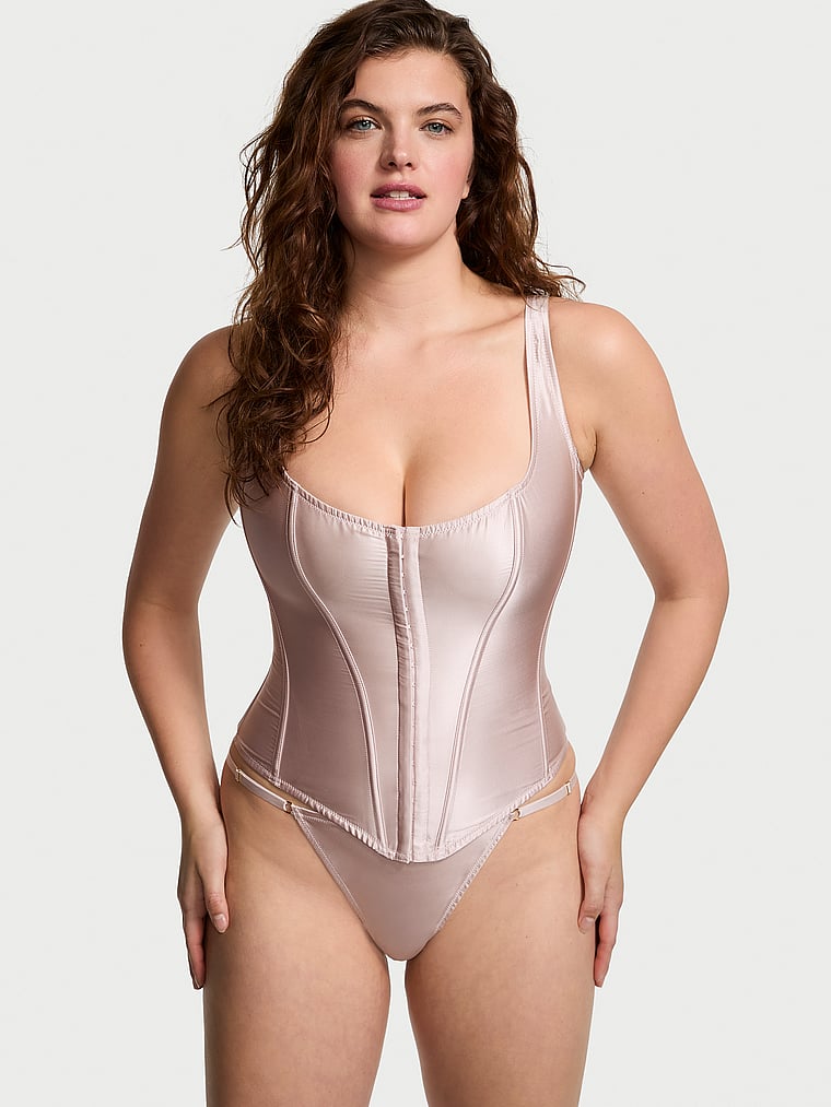 Victoria's Secret, Very Sexy Classic Silk Corset Set, Grey, onModelFront, 1 of 3 Abbey is 5'10" and wears 34DD (E) or Medium