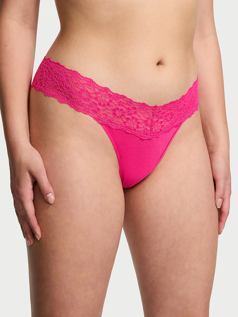 Victoria's Secret, The Lacie Lace-Waist Cotton Thong Panty, Forever Pink, onModelFront, 1 of 4 Abbey is 5'10" or 178cm and wears Medium