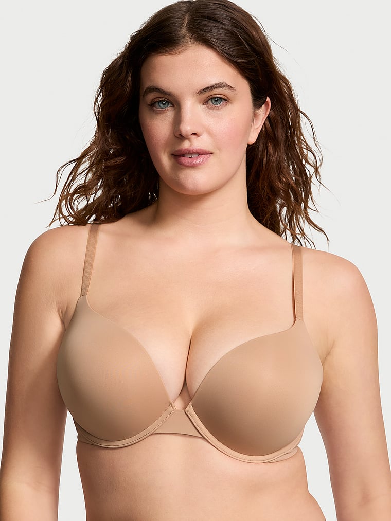 Victoria's Secret, The T-shirt Bombshell Push-Up Bra, Praline, onModelFront, 1 of 3 Abbey is 5'10" or 178cm and wears 34DD (E) or Medium