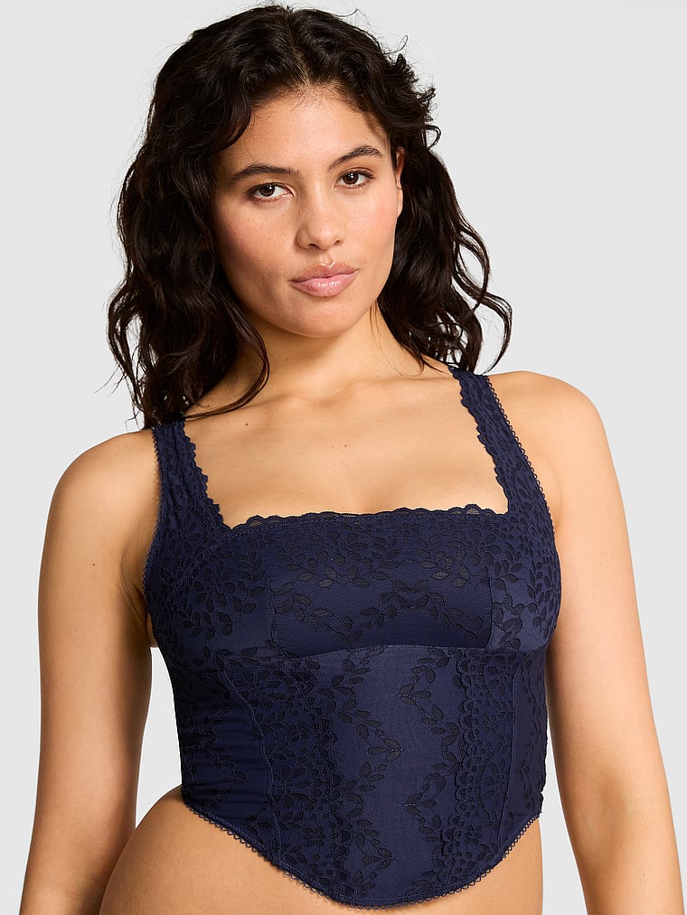 PINK Bralettes & Bra Tops The Cinched Corset Top, Midnight Navy, onModelFront, 1 of 4 Isabella is 5'9" and wears 36B or Medium