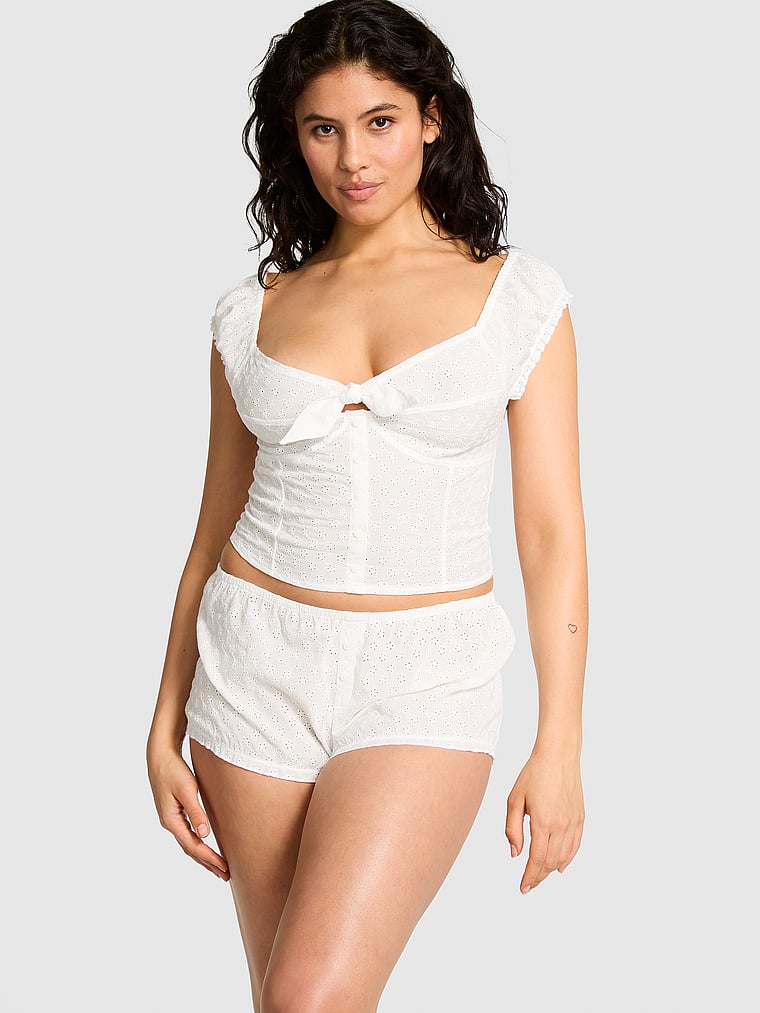 PINK by Frankies Bikinis Marilyn Eyelet Shorts, White Eyelet, onModelFront, 1 of 3 Isabella is 5'9" and wears Medium