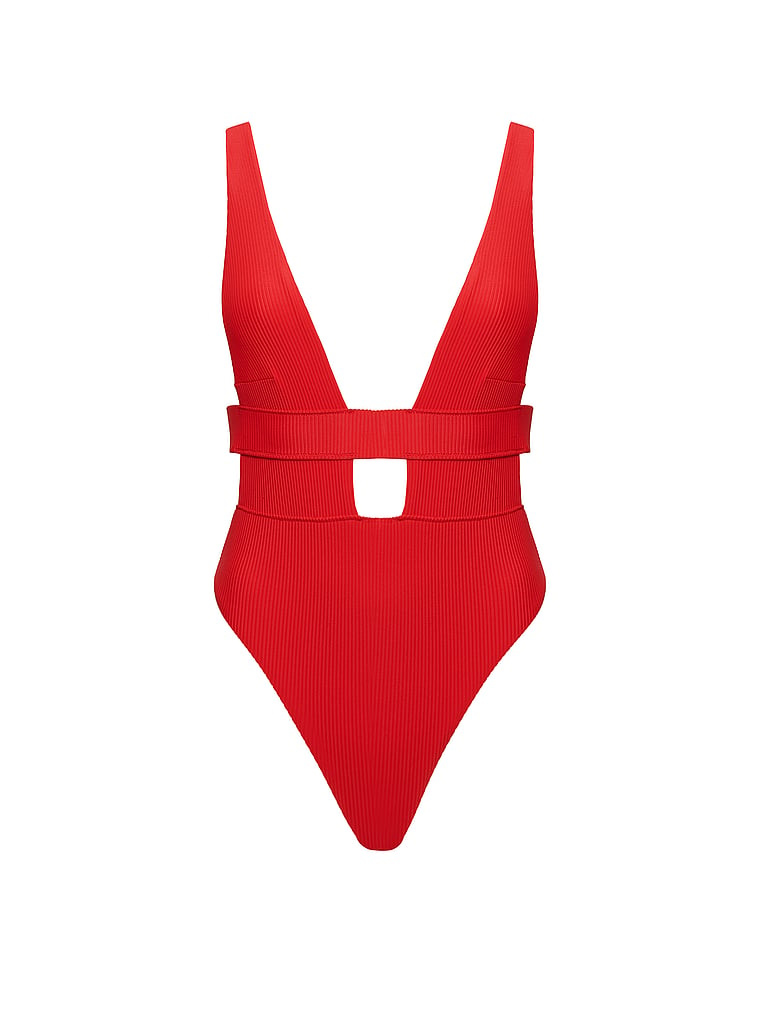 Victoria's Secret, BLUEBELLA Lucerne Plunge Swimsuit, Tomato Red, offModelFront, 3 of 4