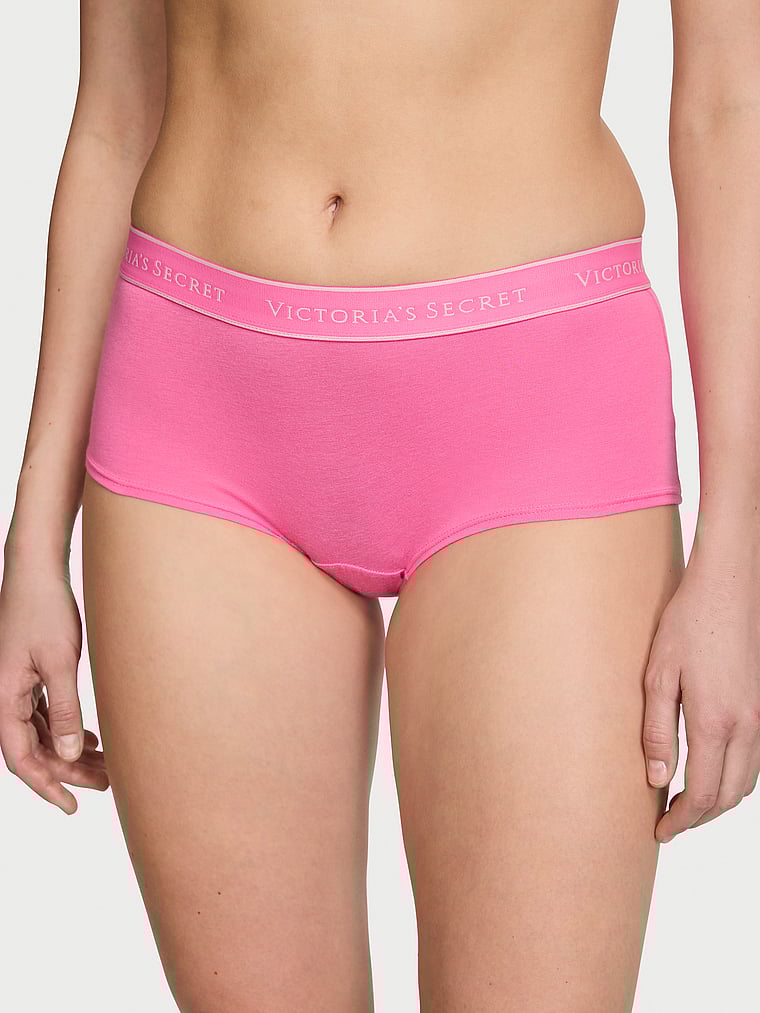 Victoria's Secret, Cotton Logo Cotton Boyshort Panty, Hollywood Pink, onModelFront, 1 of 3 Mackenzie is 5'10" and wears Small