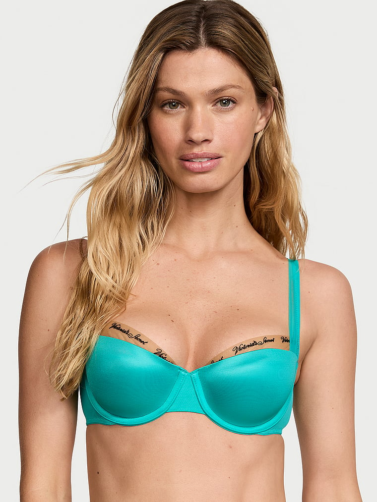 Victoria's Secret, Very Sexy Smooth Logo Embroidery Lightly Lined Balconette Bra, Aqua Sea, onModelFront, 1 of 3 Maggie is 5'7" and wears 32B or Small