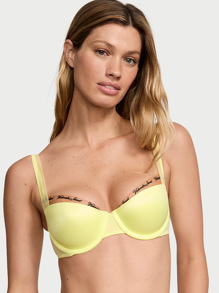 Victoria's Secret, Very Sexy Smooth Logo Embroidery Lightly Lined Balconette Bra, Citron Glow, onModelFront, 1 of 3 Maggie is 5'7" and wears 32B or Small