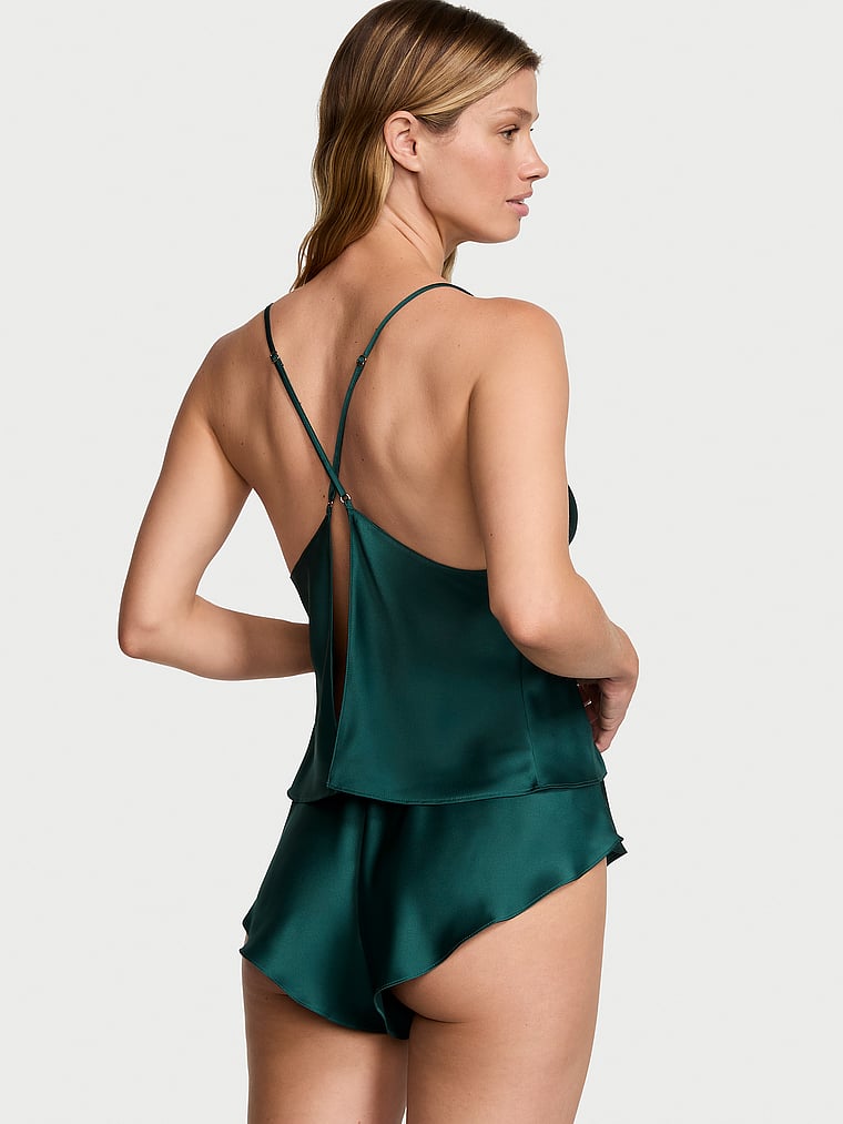 Victoria's Secret, Victoria's Secret new Satin Open-Back Cami & Shorts Set, Mystique Green, onModelBack, 2 of 3 Maggie is 5'7" and wears Small
