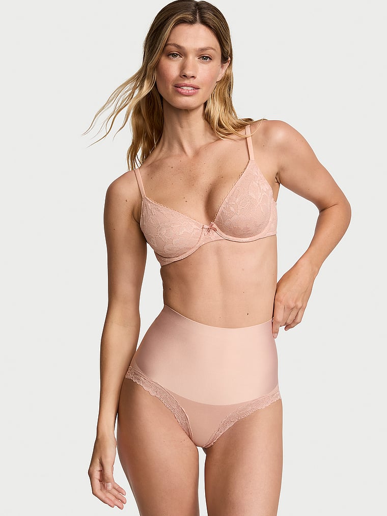 Victoria's Secret, Body by Victoria Invisible Lift Unlined Lace Demi Bra, Macaron, onModelSide, 3 of 5 Maggie is 5'7" and wears 32B or Small