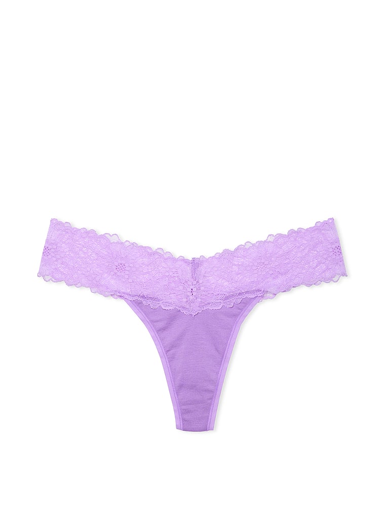 Victoria's Secret, Lace Trim Lace-Waist Cotton Thong Panty, Purple Paradise, offModelFront, 3 of 3