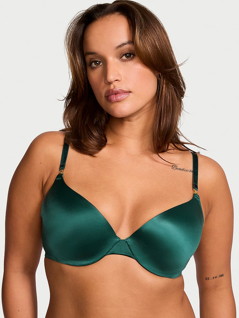Victoria's Secret, Very Sexy Icon by Victoria's Secret Smooth Push-Up Demi Bra, Green Mystique, onModelFront, 3 of 4 Sofia  is 5'8" and wears 36D or Large