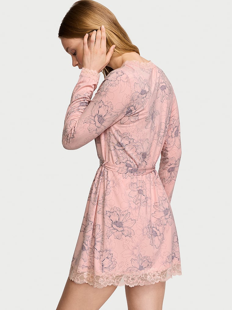 Victoria's Secret, Victoria's Secret Modal Lace-Trim Robe, Pink Outline Floral, onModelBack, 2 of 3 Lotta is 5'10" and wears Small