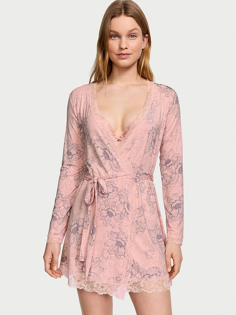Victoria's Secret, Victoria's Secret Modal Lace-Trim Robe, Pink Outline Floral, onModelFront, 1 of 3 Lotta is 5'10" and wears Small