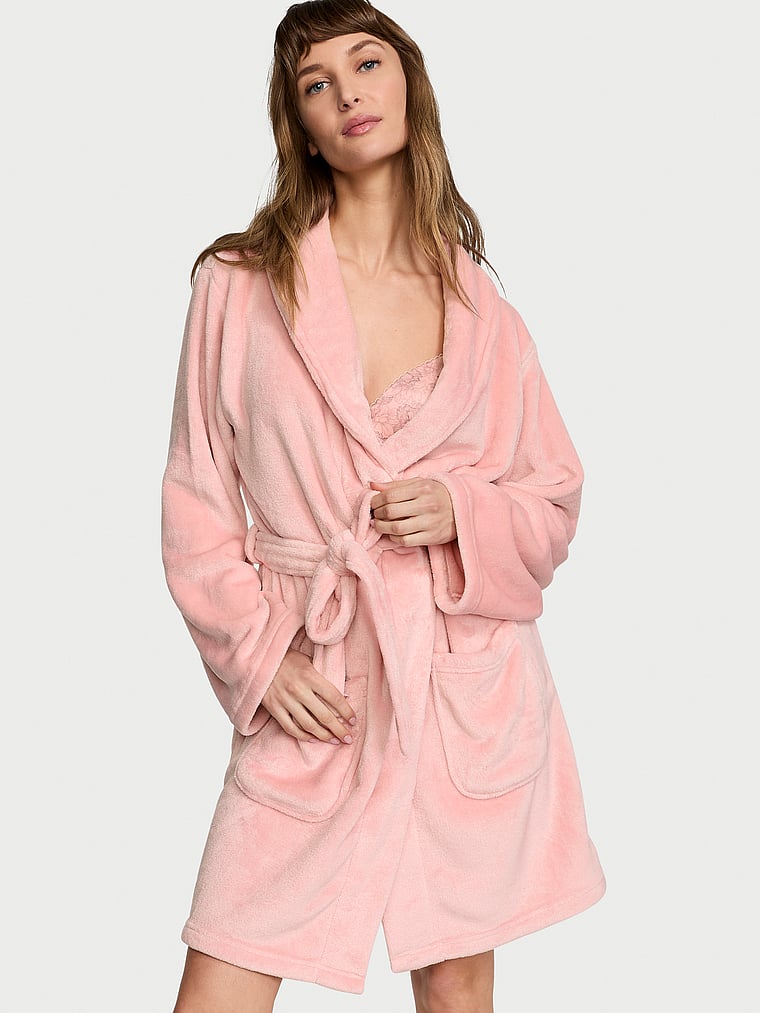 Victoria's Secret, Victoria's Secret new Short Cozy Robe, Dusk Pink, onModelFront, 1 of 4 Ari is 5'9" and wears Small