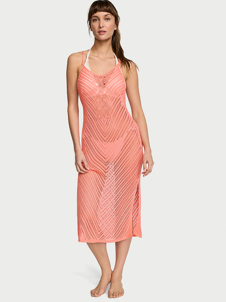 Victoria's Secret, Victoria's Secret Swim Crochet Cover-Up Dress, Punchy Peach, onModelFront, 4 of 5 Ari is 5'9" and wears 34B or Small