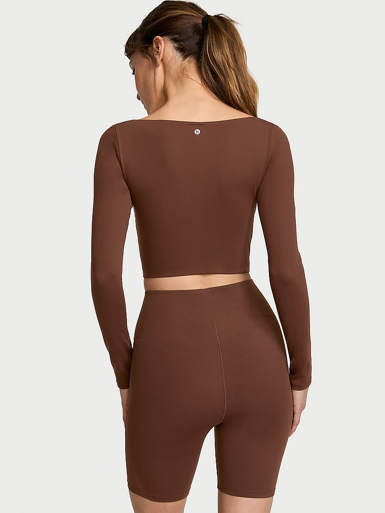 Victoria's Secret, Victoria's Secret VS Elevate Cropped Long-Sleeve Corset Top, Ganache, onModelBack, 4 of 4 Ari is 5'9" or 175cm and wears Small