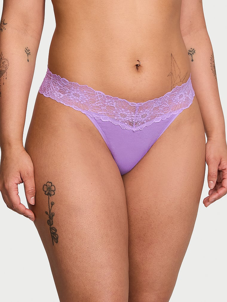 Victoria's Secret, Lace Trim Lace-Waist Cotton Thong Panty, Purple Paradise, onModelFront, 1 of 3 Gilly  is 5'10" or 178cm and wears Large