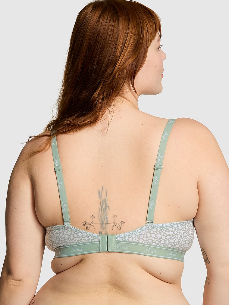 PINK Wear Everywhere Wear Everywhere Lightly Lined T-Shirt Bra, Iceberg Green Floral Print, onModelBack, 4 of 4 Lulu is 5'7" and wears 38DDD (F) or Large