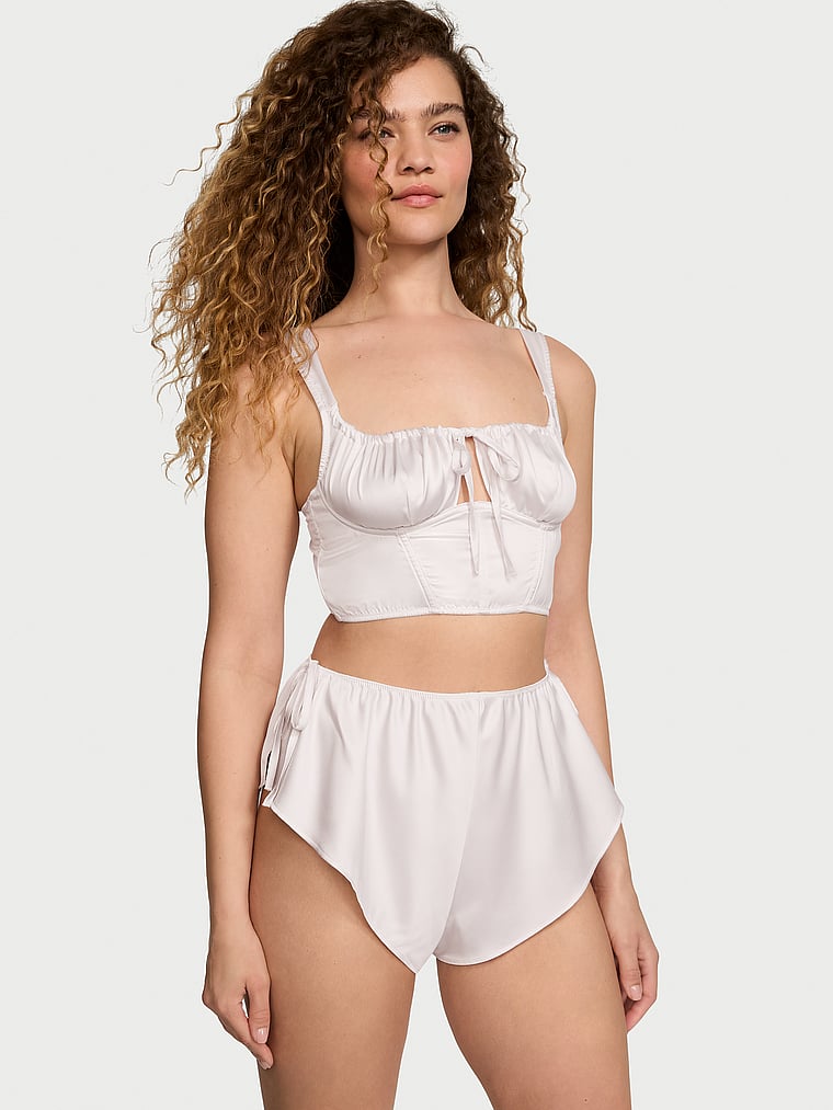 Victoria's Secret, Victoria's Secret Satin Corset Top & Shorts Set, Coconut White, onModelFront, 1 of 3 Kiana is 5'9" and wears Small