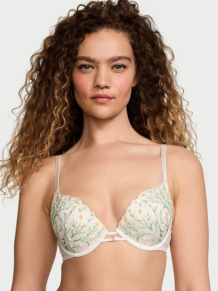 Victoria's Secret, Dream Angels Daisy Chain Embroidery Push-Up Bra, White Daisies, onModelFront, 1 of 5 Kiana is 5'9" and wears 34B or Small