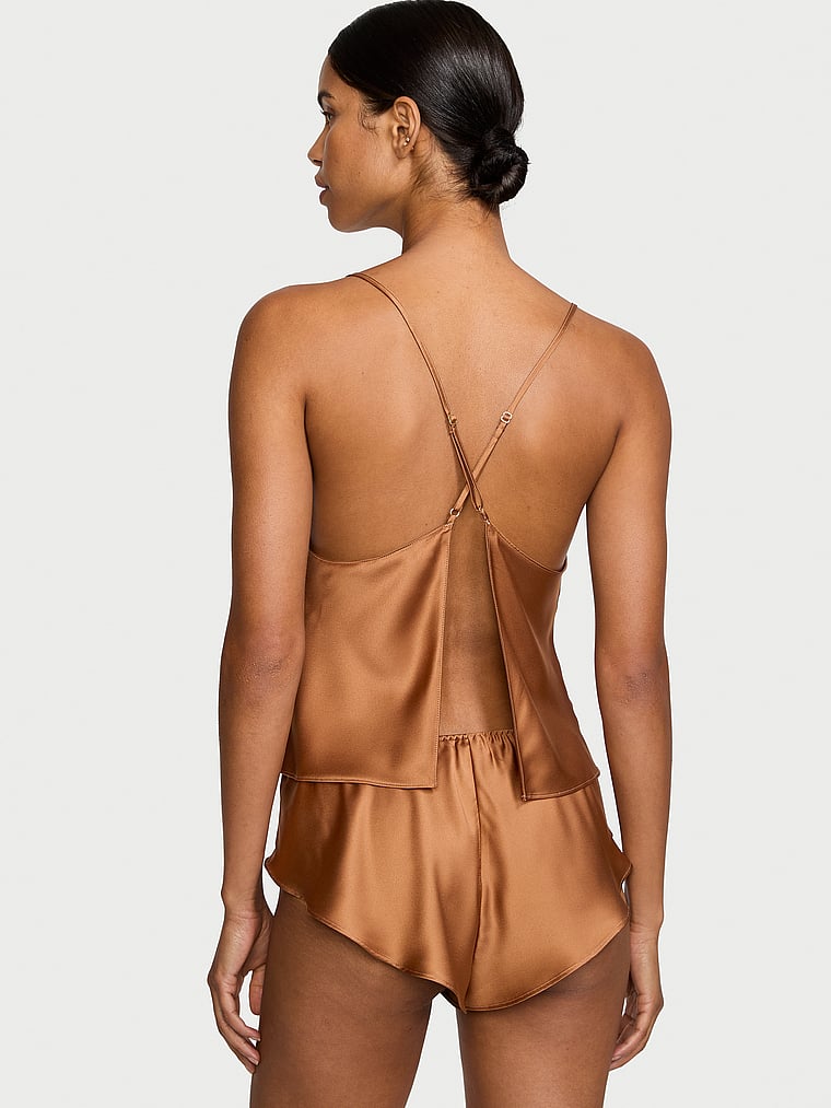 Victoria's Secret, Victoria's Secret Satin Open-Back Cami & Shorts Set, Caramel, onModelBack, 2 of 3 Daiane is 5'11" or 180cm and wears Small