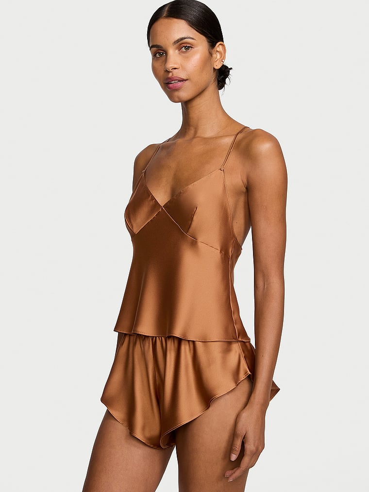 Victoria's Secret, Victoria's Secret Satin Open-Back Cami & Shorts Set, Caramel, onModelFront, 1 of 3 Daiane is 5'11" or 180cm and wears Small