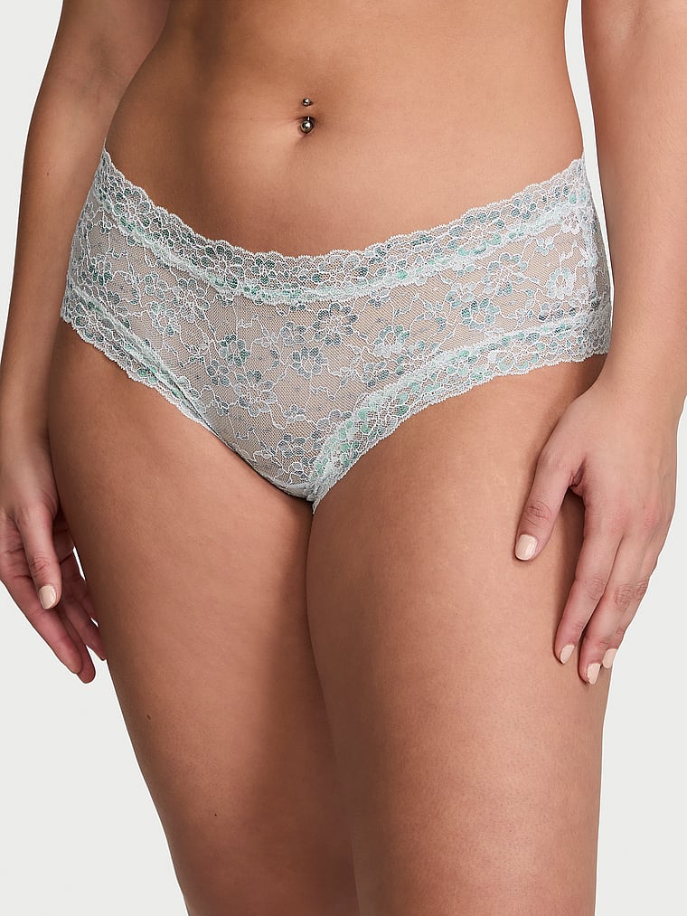 Victoria's Secret, The Lacie Lace Cheeky Panty, Ballad Blue, onModelFront, 3 of 4 Lorena is 5'9" or 175cm and wears Large