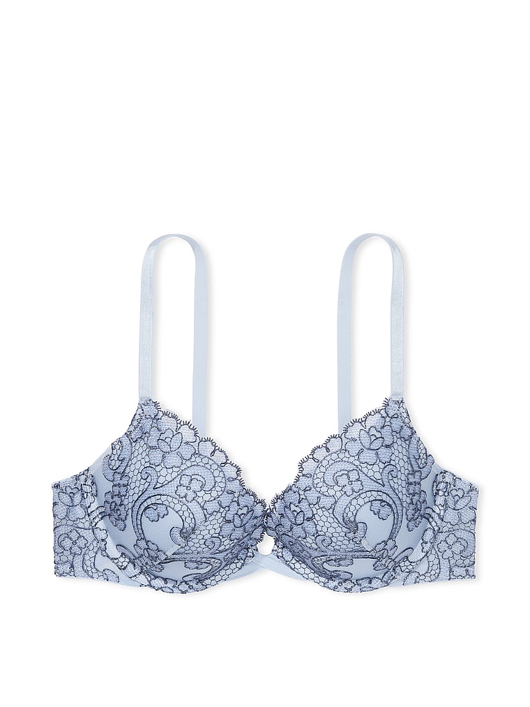 Victoria's Secret, Dream Angels Boho Floral Embroidery Push-Up Bra, Faded Denim, offModelFront, 3 of 5
