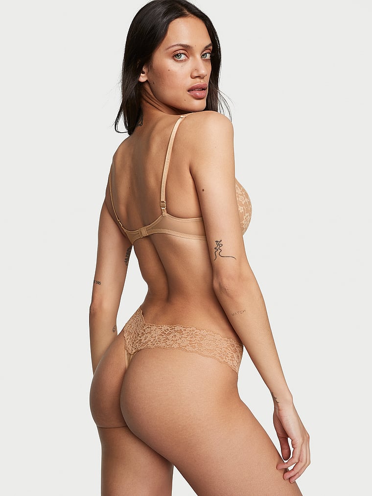 Victoria's Secret, Lace Trim Lace-Waist Cotton Thong Panty, Praline, onModelBack, 2 of 3 Dalianah is 5'11" and wears Small