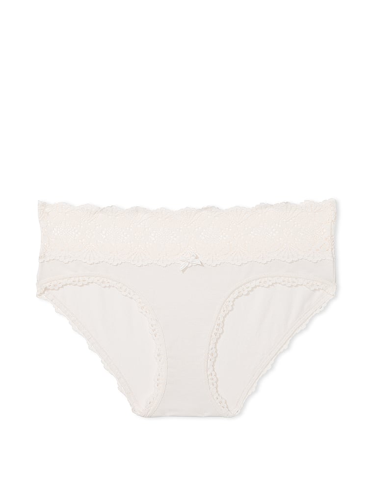 Victoria's Secret, The Lacie Lace-Waist Cotton Hiphugger Panty, White/Ivory, offModelFront, 3 of 3