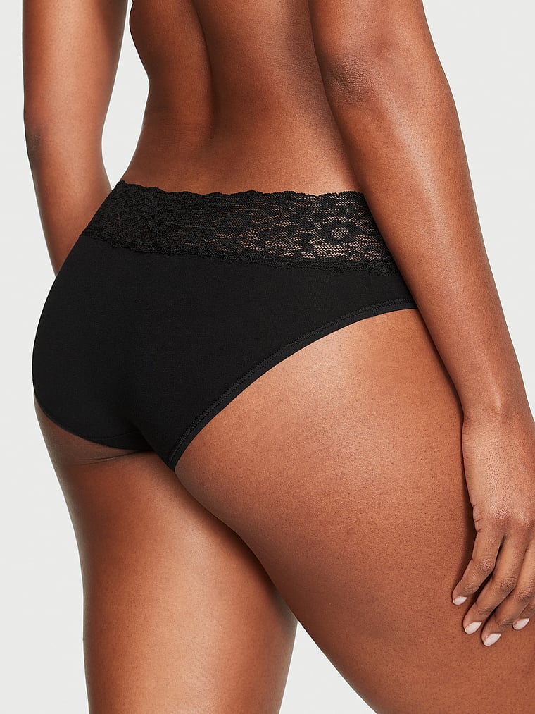 Victoria's Secret, The Lacie new Lace-Waist Cotton Hiphugger Panty, Black, onModelBack, 2 of 3 Tsheca  is 5'9" and wears Small