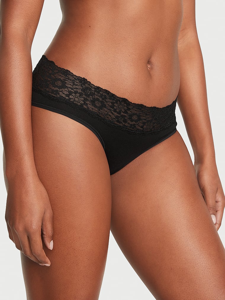 Victoria's Secret, The Lacie new Lace-Waist Cotton Hiphugger Panty, Black, onModelFront, 1 of 3 Tsheca  is 5'9" and wears Small