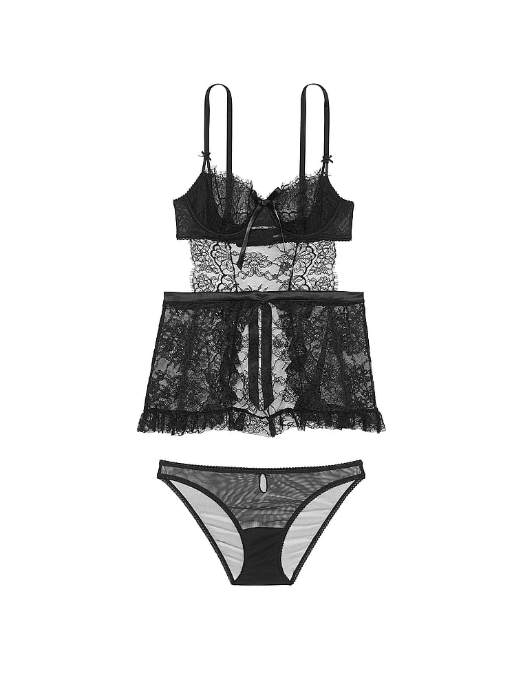Victoria's Secret, Very Sexy new Dream Angels Wicked Unlined Lace Apron Set, Black, offModelFront, 3 of 3