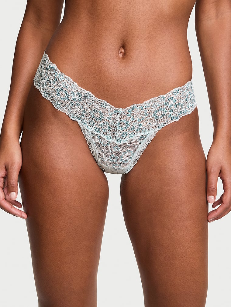 Victoria's Secret, The Lacie Lace Thong Panty, Ballad Blue, onModelFront, 3 of 4 Ange-Marie is 5'10" and wears Small