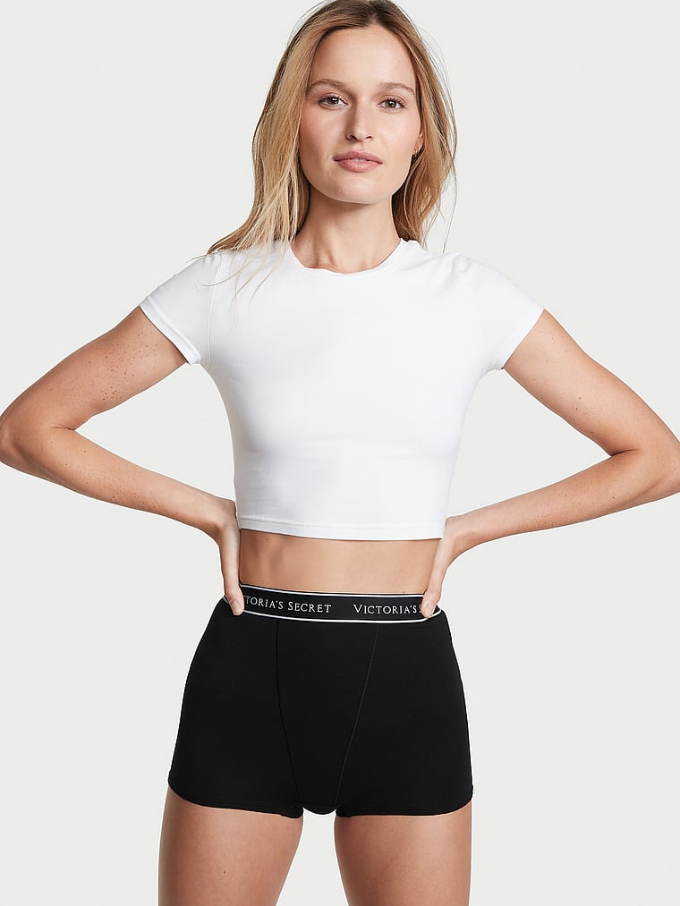 Victoria's Secret, Cotton Logo Cotton High-Waist Boyshort Panty, Black, onModelFront, 1 of 3 Addie is 5'9" and wears Small