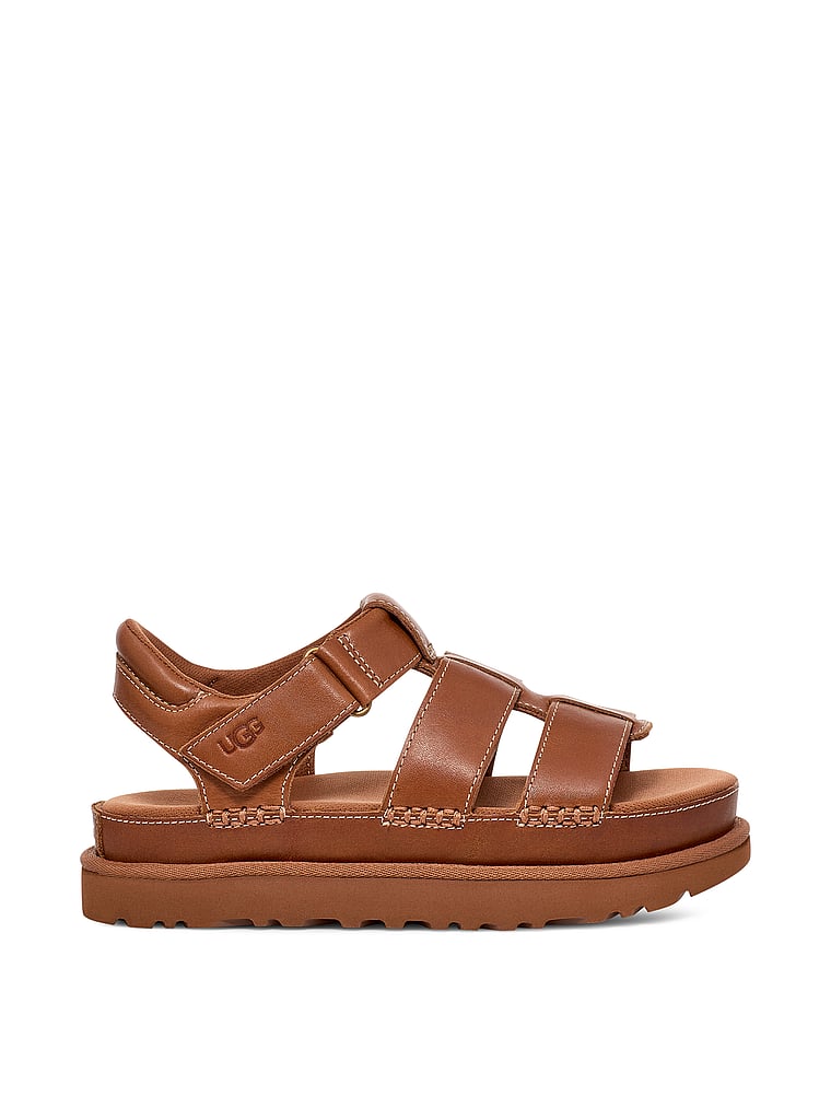 UGG® Goldenstar Strap Leather Platform Sandal, Tan, offModelBack, 2 of 3