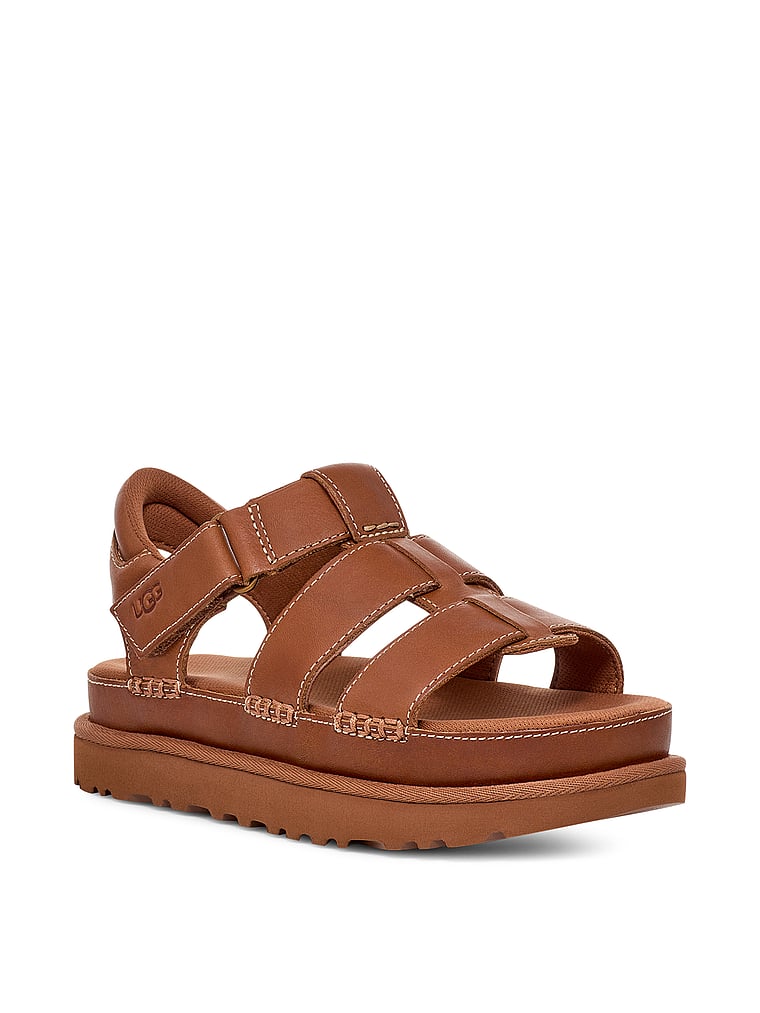UGG® Goldenstar Strap Leather Platform Sandal, Tan, offModelFront, 1 of 3
